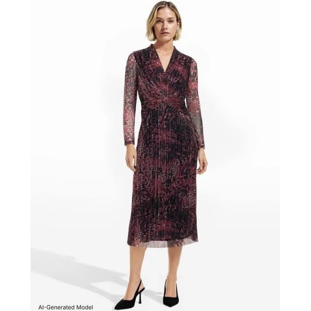 NWT Anne Klein Midi Dress Women Pink Abstract Twist Front Metallic 4 $149